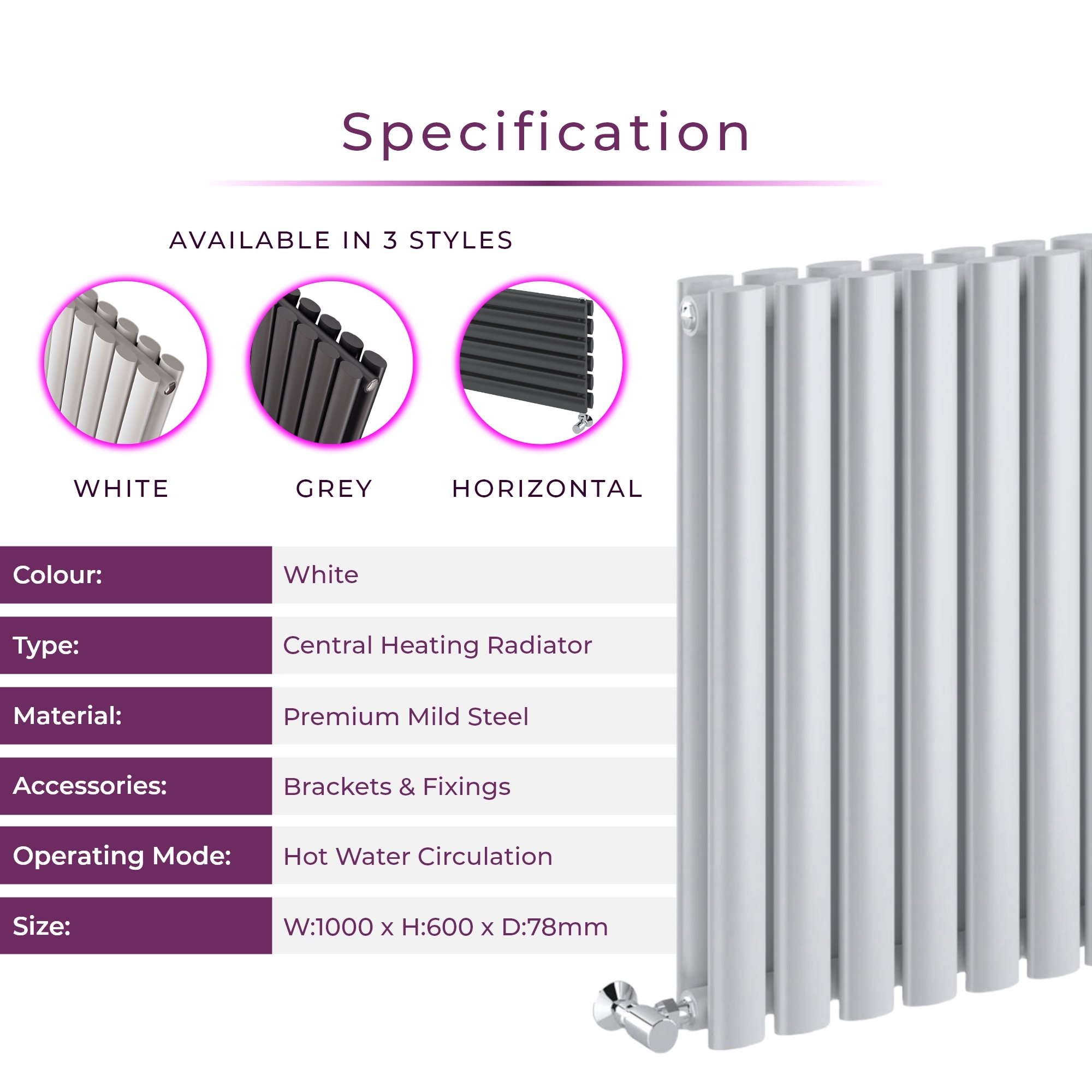 White Designer Radiator Horizontal Double Panel Oval Column Heating Bathroom