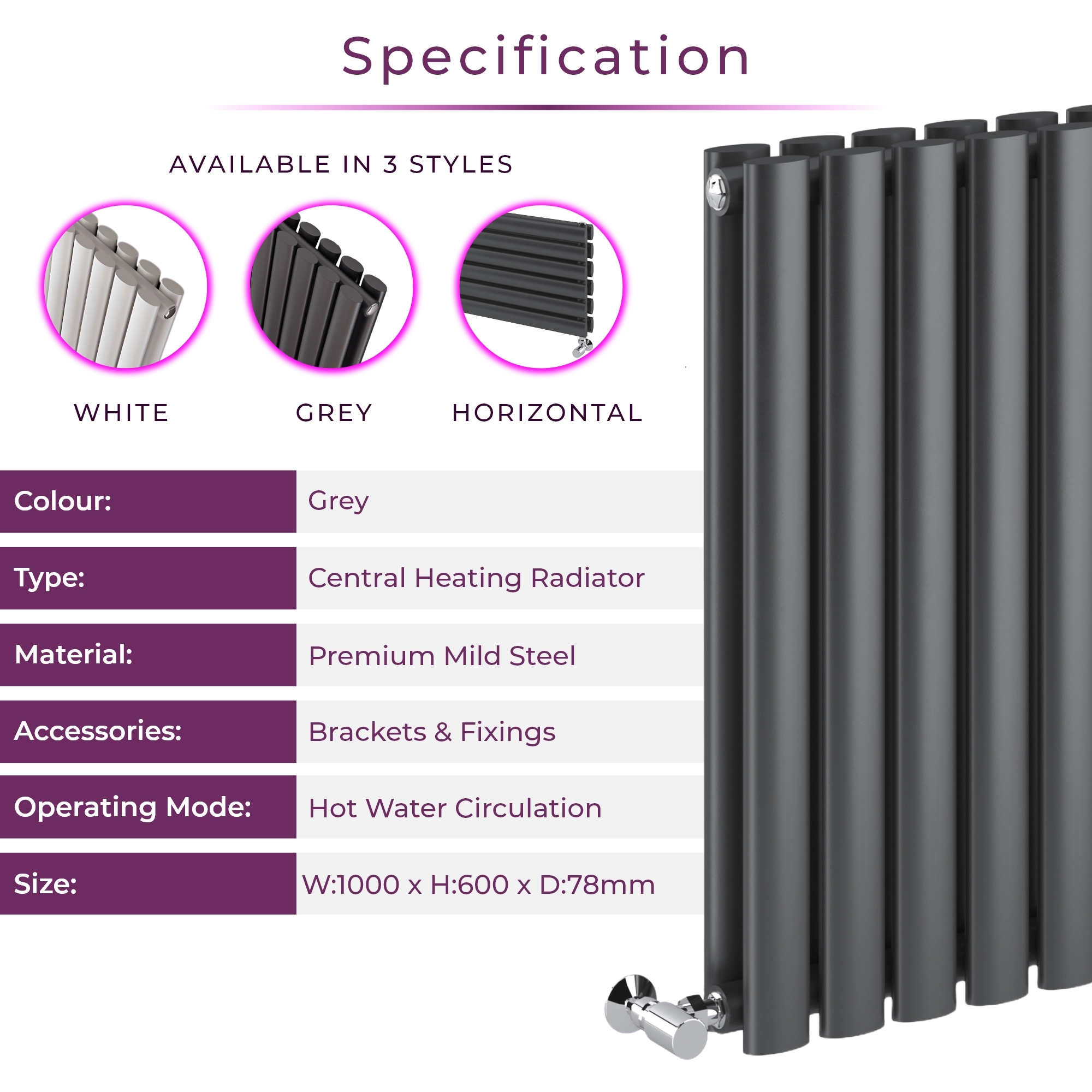 Grey Horizontal Designer Radiator Oval Column Vertical Panel Radiator