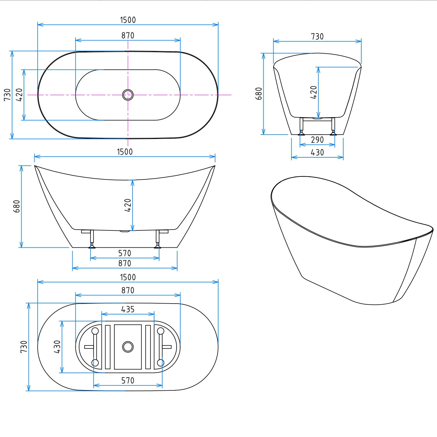 Freestanding Double Ended Bath Acrylic Bathtub Waste & Overflow 1500mm 1700mm - Picture 10 of 38