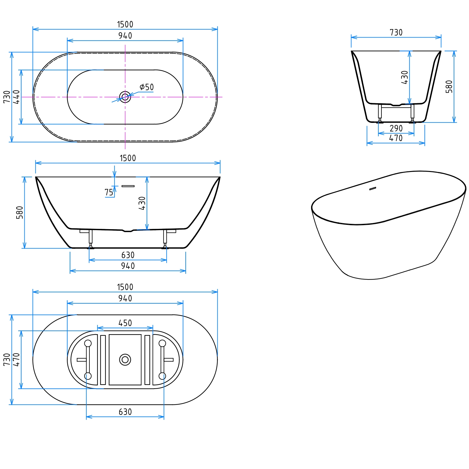 Freestanding Double Ended Bath Acrylic Bathtub Waste & Overflow 1500mm 1700mm - Picture 16 of 38
