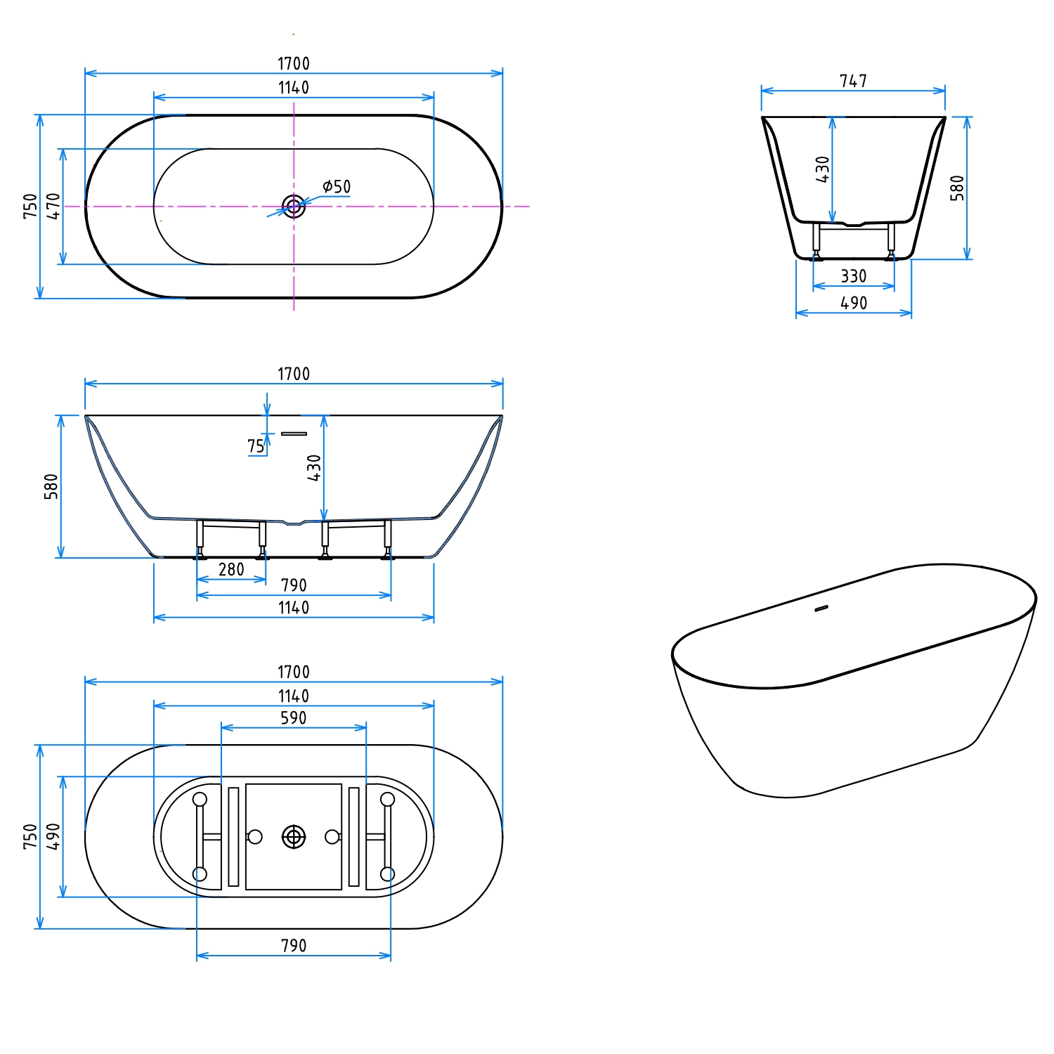 Freestanding Double Ended Bath Acrylic Bathtub Waste & Overflow 1500mm 1700mm - Picture 33 of 38