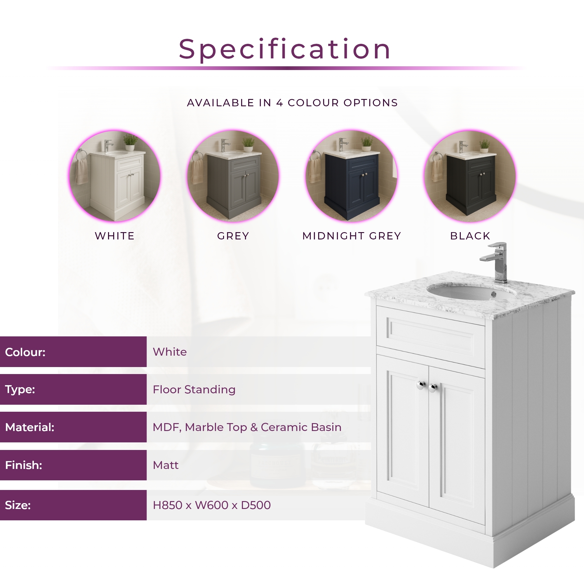 White Traditional Vanity Unit Marble Top Ceramic Basin Sink 600 800 900 1200mm