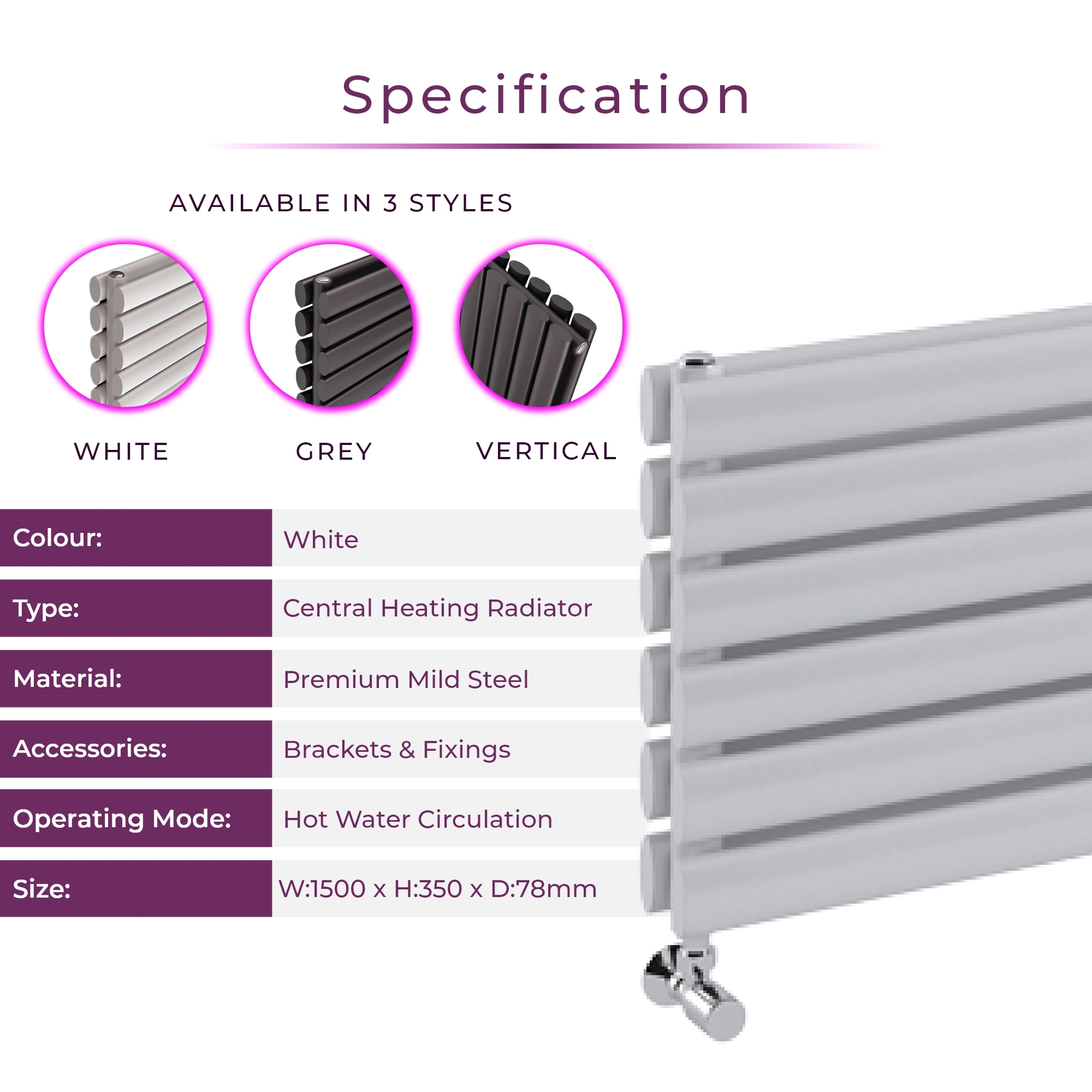 White Horizontal Designer Radiator Oval Column Vertical Panel Radiator