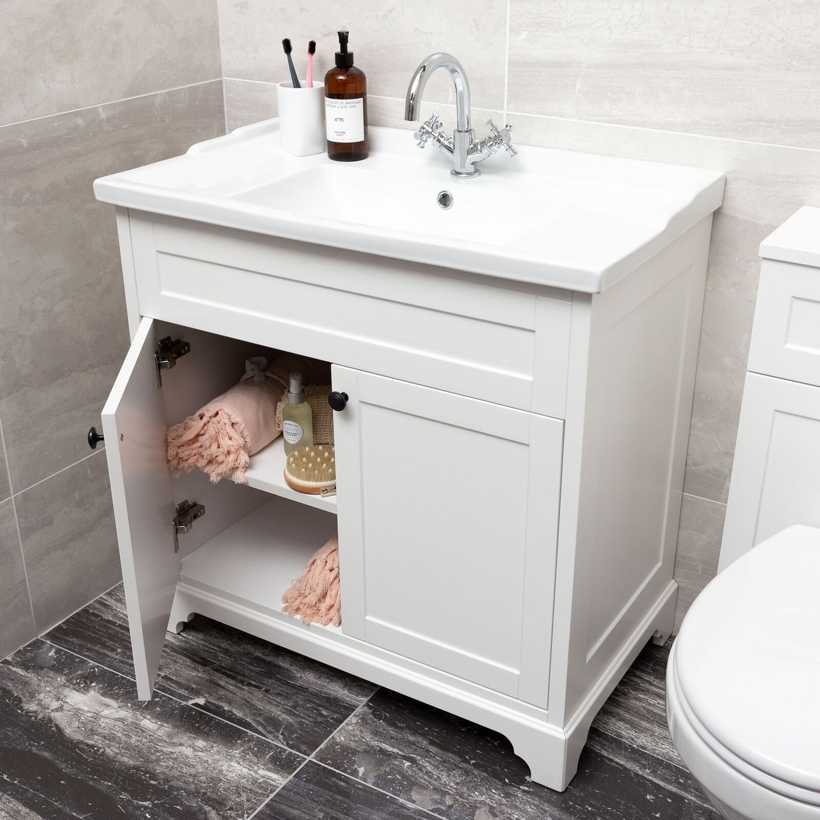 Traditional Bathroom Vanity Unit Storage Unit White Grey Tallboy WC 600 800 - Picture 8 of 33