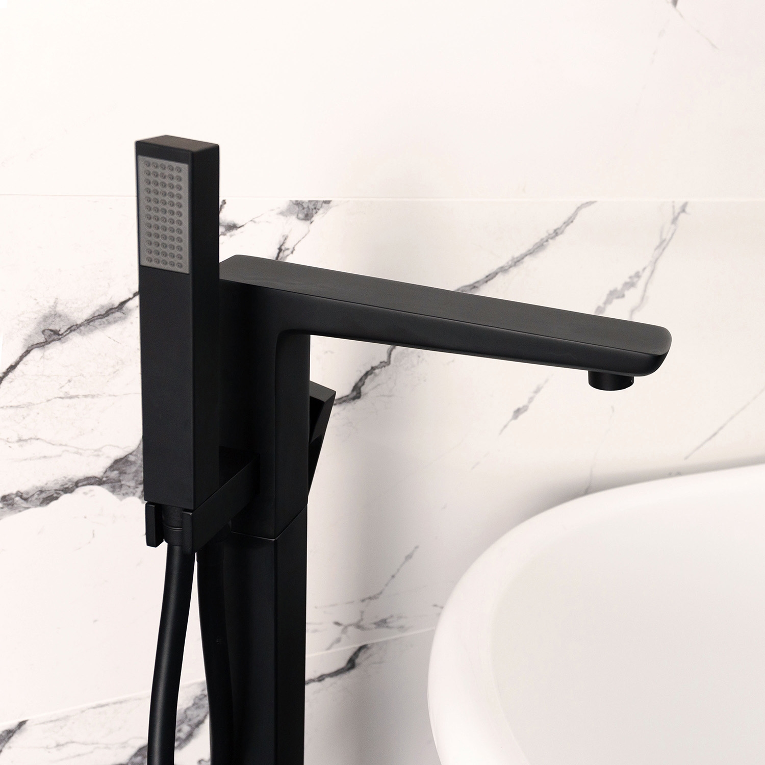 Black Square Bathroom Sink Tap Modern Basin Mono Shower Mixer Deck Tap Set - Picture 25 of 36